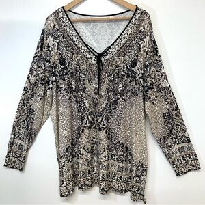 Belle Kim Gavel Blouse Top Woman XL Jersey Knit Long Sleeve Neutral Floral Print
